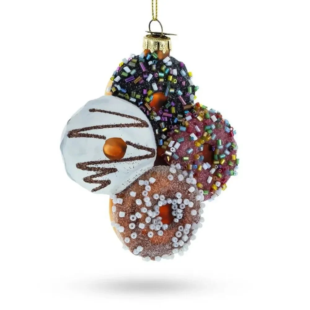 BestPysanky Festive Decorated Hand Painted Donuts Blow Glass Christmas Ornament